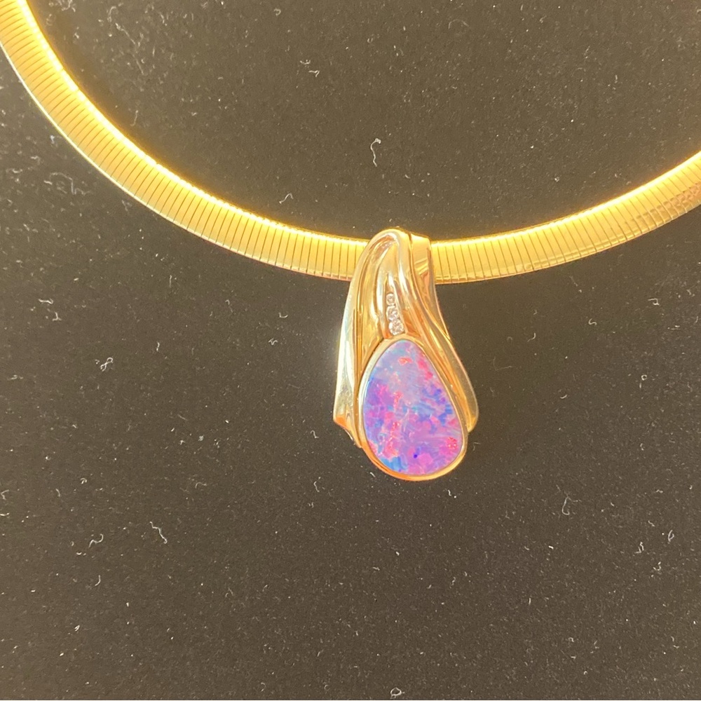 Black opal and diamond pendant With gold  omega reversible gold and silver chain